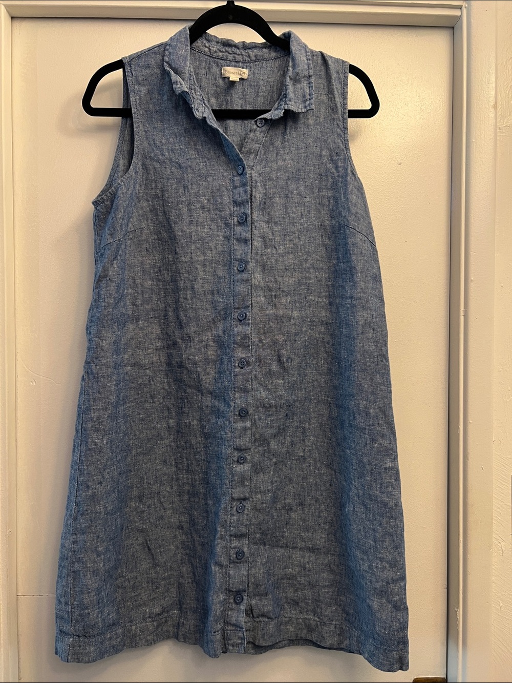 Garnet Hill Sleeveless Button-Front 100% Linen Dress in Denim Blue Size 12